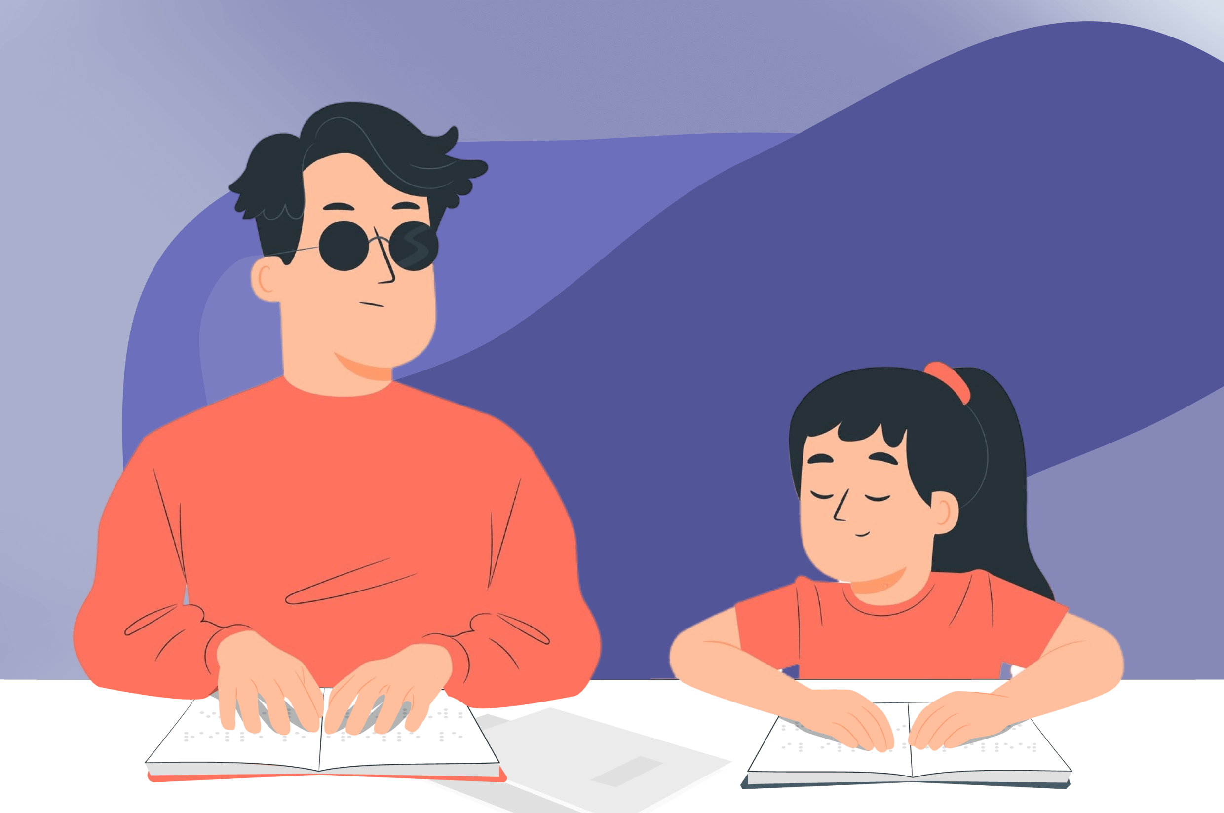 an illustration of a man and a child reading braille